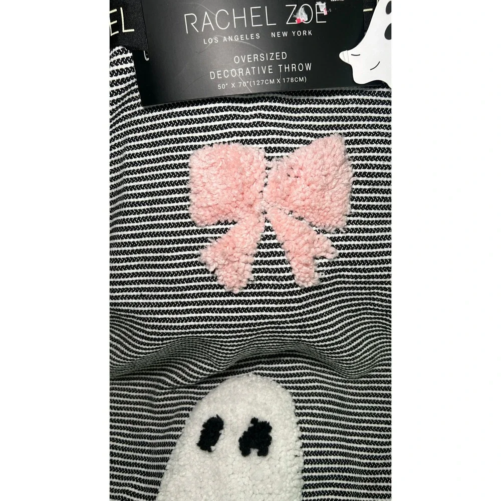 Rachel Zoe Ghost Bow Throw Blanket 50x70 Black White Pink Striped Tassel NEW